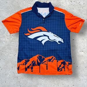 Denver Broncos Skyline Polo Shirt Blue Orange Men’s Large Houndstooth